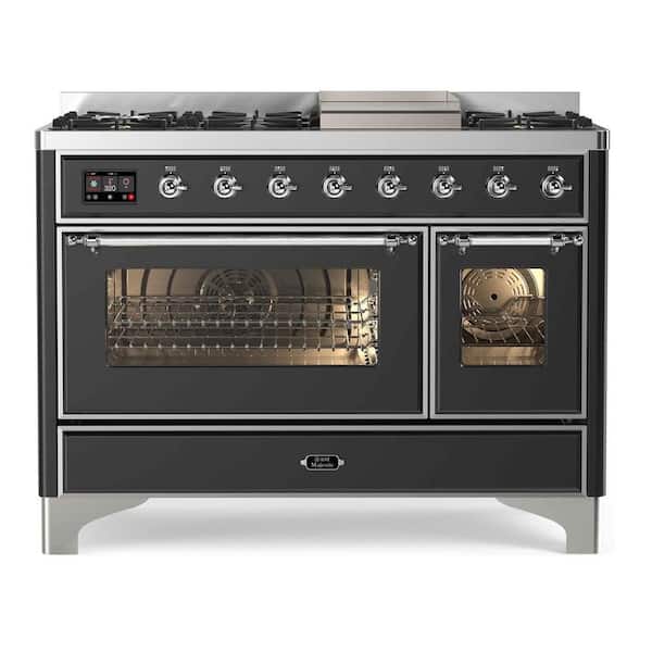 Majestic II 48 in. Double Oven Dual Fuel Range with 8 Sealed Burners, Glass Door, Chrome Trim in Graphite Matte