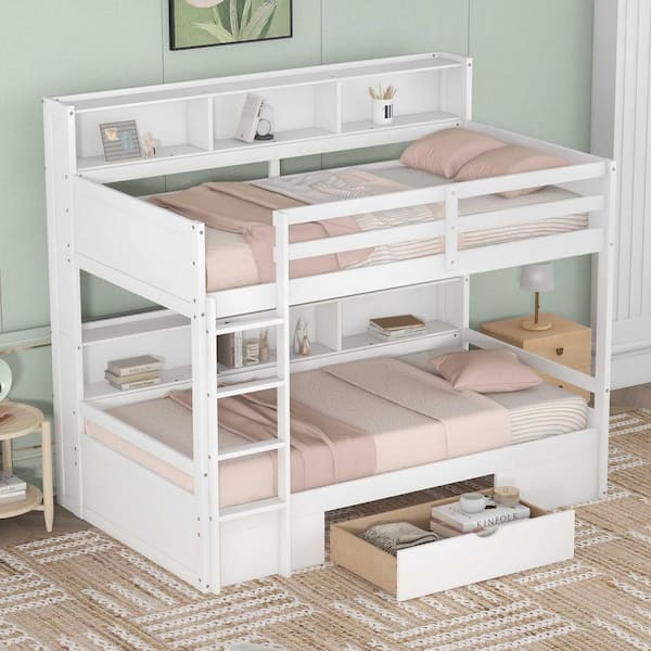 White Twin Size Bunk Bed with Built-in Shelves Beside both Upper and Down Bed and Storage Drawer
