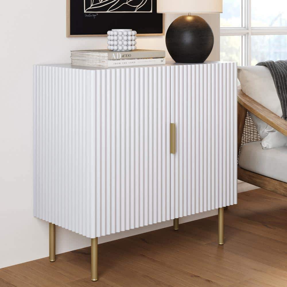 Nathan James Vera 31 in. White Storage Accent Cabinet in Fluted Texture and Brass Gold Metal Legs