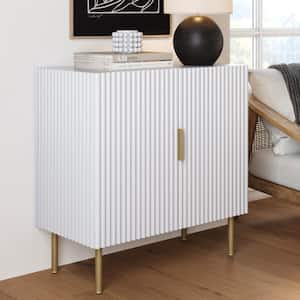 Vera White Fluted Wood Texture 31 in. Sideboard Buffet Storage Cabinet with Doors and Brass Gold Metal Legs, White/Brass