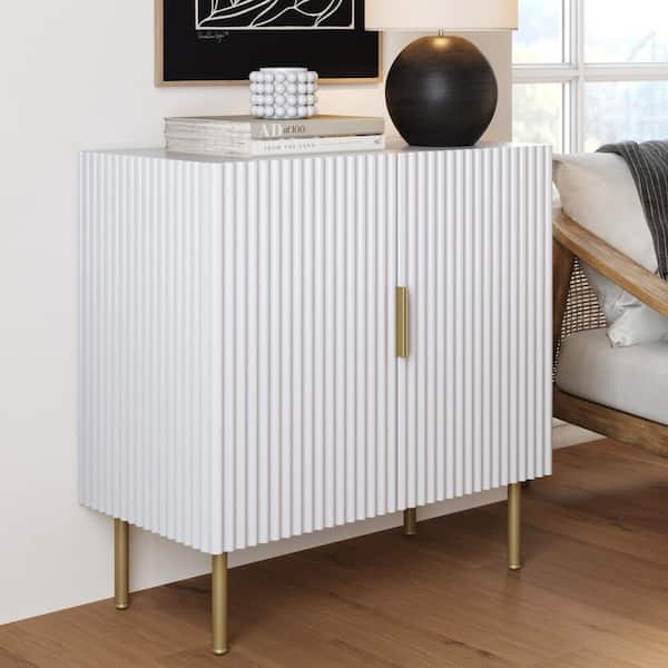 Nathan James Vera White Fluted Wood Texture 31 in. Sideboard Buffet Storage Cabinet with Doors and Brass Gold Metal Legs, White/Brass