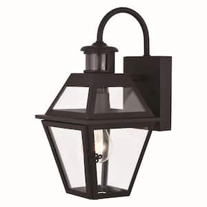 Nottingham 7 in. W 1-Light Black Motion Sensor Dusk to Dawn Outdoor Wall Lantern Clear Glass