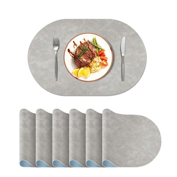 ilemong 11.8 in. W x 17.5 in. H Light Grey Oval Leather Heat Resistant Waterproof Placemats (Set of 6)