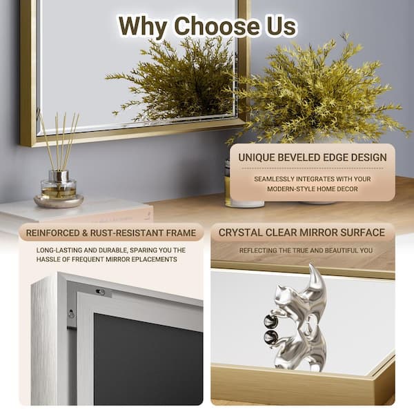 OnaBella 16 in. W x 24in. H Rectangular Aluminum Thin Framed Wall Mount Beveled Bathroom Vanity Mirror in Gold