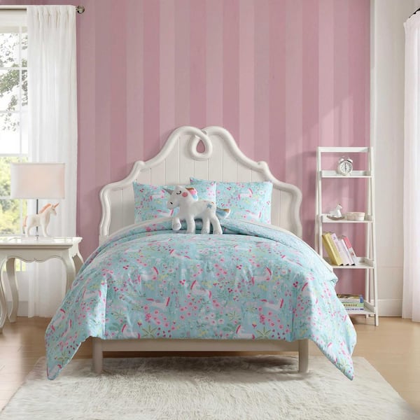 Magical Unicorns 3 Piece Aqua Blue/Pink Microfiber Twin Comforter Bonus Set