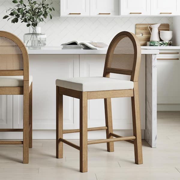 Nathan James Bailey 24 in. Upholstered Boucle Rattan and Wood Counter Height Bar Stool w/ Woven ...