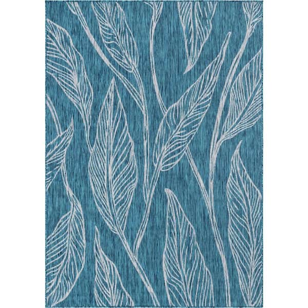 Unique Loom Outdoor Leaf Teal 7 ft. x 10 ft. Area Rug