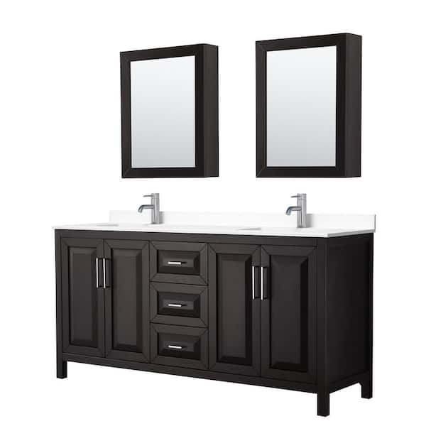 Wyndham Collection Daria 72in.Wx22 in.D Double Vanity in Dark Espresso with Cultured Marble Vanity Top in White with Basins and Med Cabs