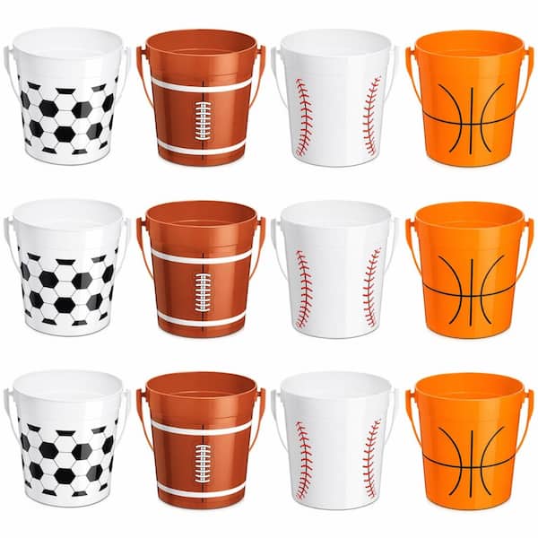 Sports Theme Plastic Buckets with Handles 34 oz Reusable Cups Soccer Baseball Basketball Football 24-Pack