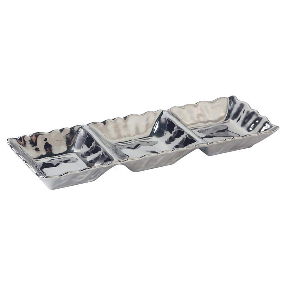 Certified International Silver Coast 15 in. x 5.5 in. 3-Compartment Silver Tray