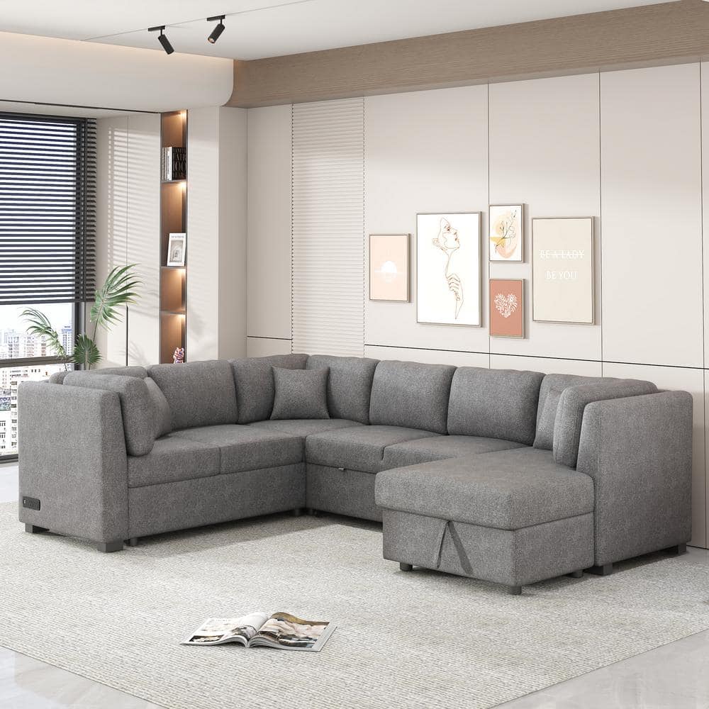 108.6 in. Chenille Sectional Sofa in. Light Gray with 2 USB Ports, 2 Power Sockets, 3 Back Pillows, Storage Chaise