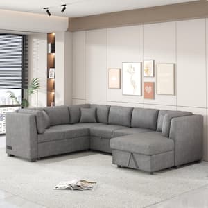 108.6 in. Chenille Sectional Sofa in. Light Gray with 2 USB Ports, 2 Power Sockets, 3 Back Pillows, Storage Chaise