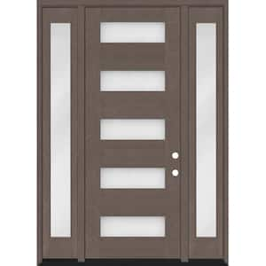 Regency 64 in. x 96 in. 5L Modern Frosted Glass LH Ashwood Stain Mahogany Fiberglass Prehung Front Door w/Dbl 12in.SL