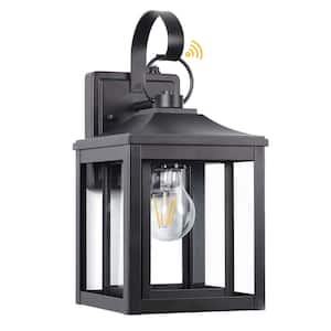 1-Light Black Outdoor Glass Hardwired Wall Lantern Sconce withBlack Dusk to Dawn Sensor