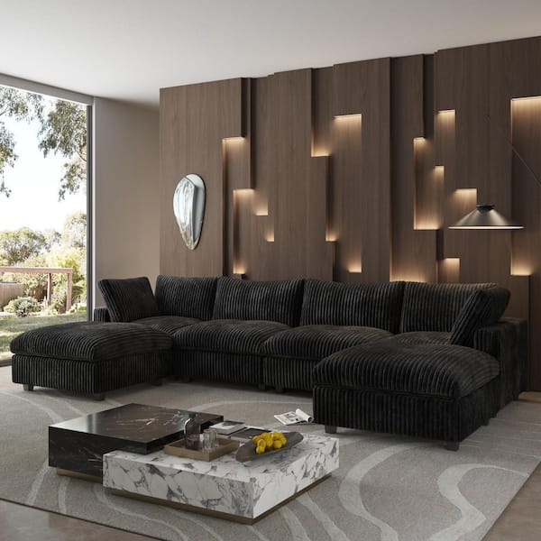 J&E Home 157.48 in. Square Arm 6-Piece Rabbit Velvet Plush Modular Free Combination Sectional Sofa with Ottoman in Black