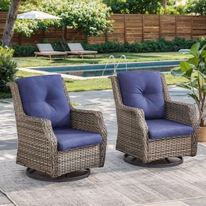Straight Armrest Series Gray Wicker Outdoor Patio Swivel Rocking Chair Glider with CushionGuard Blue Cushions (2 Pack)