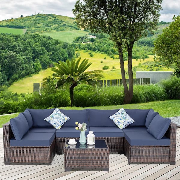 Runesay Modern 7-Piece Gray Wicker Rattan Outdoor Patio Sectional Sofa Set with Navy Blue Cushions