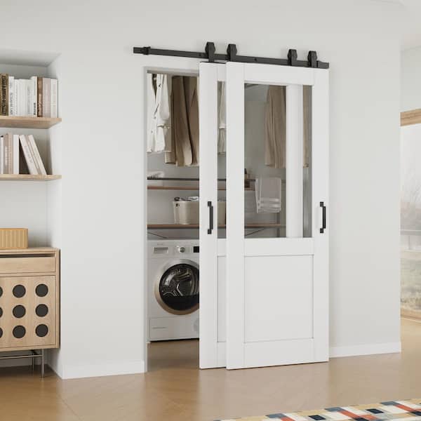 ARK DESIGN 52 in. x 80 in. (Double 30 in. ) 1/2 Lite Clear Glass White Primed MDF Sliding Barn Door with Hardware Kit Bypass