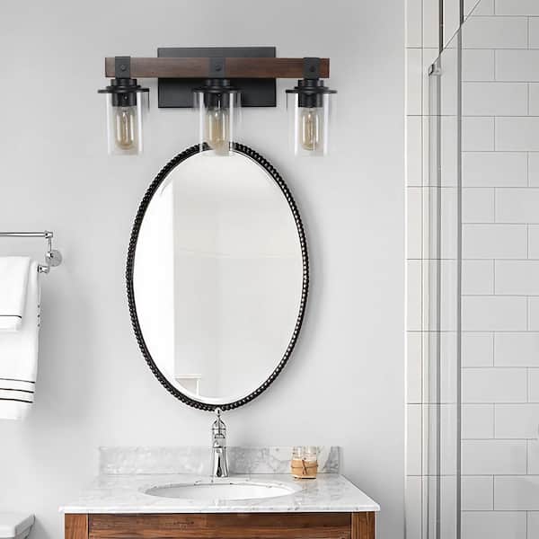 19 in. 3 Light black Grain Finish Vanity Light Fixture Bathroom Over Mirror Wall Lights Clear Glass Shades Living Room