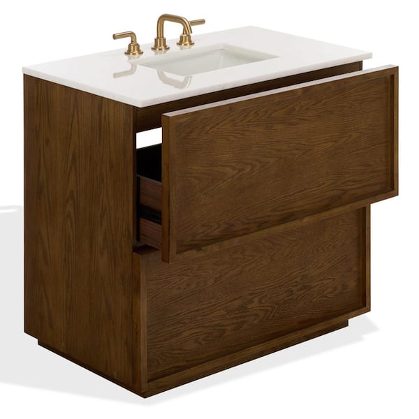 Zeus 36 in. Single Sink Medium Oak Bath Vanity with White Marble Top