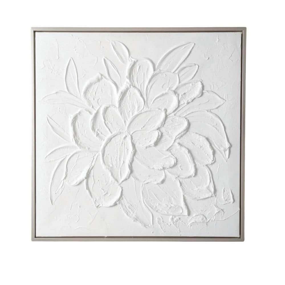 Embossed White Flower Canvas Wall Art with Silver Frame, 27.5"