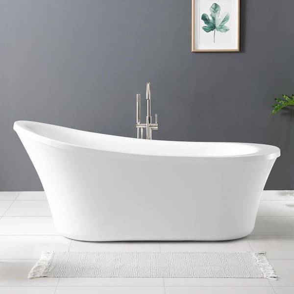 Skylar 70 in. Freestanding Flatbottom Single-Slipper Soaking Bathtub in White with 2 Sets of Overflow and Pop-up Drains