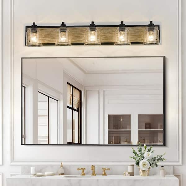 Farmhouse 40 in. 5-Light Black and Grey Wood Grain Metal Bathroom Vanity Light with Clear Seeded Glass Shades
