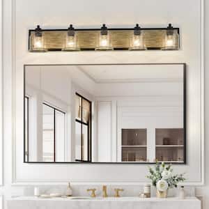 Farmhouse 40 in. 5-Light Black Bathroom Vanity Light, Modern Wood Grain Wall Sconce with Clear Seeded Glass Shades