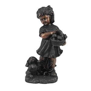 Bronze MgO Girl Holding Basket of Kittens with Puppy Garden Statue