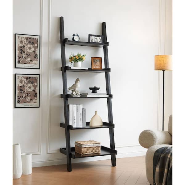 Plains 72 in. Tall Espresso Wood 5-Shelves Ladder Bookcases with Rounded Shelf