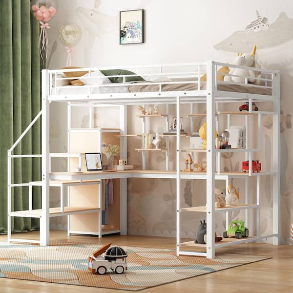 Harper & Bright Designs White Full Size Metal Loft Bed with Built-in Desktop, Wardrobe, Lateral Storage Staircase, Shelves