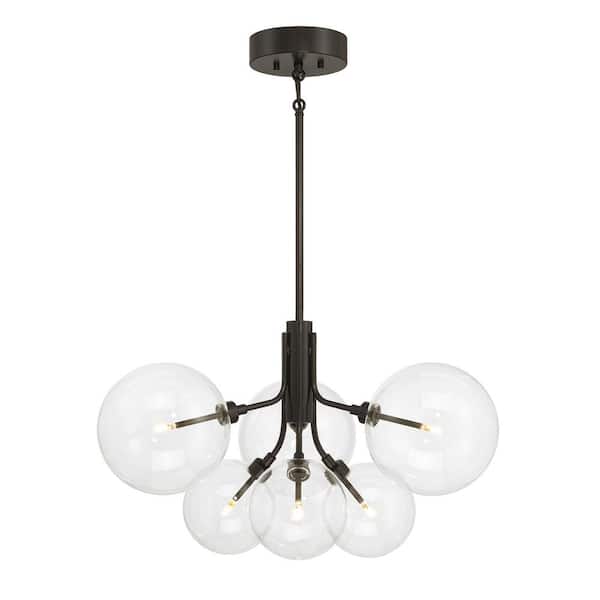 TUXEDO PARK LIGHTING 26.75 in. W x 15.5 in. H 6-Light Oil Rubbed Bronze Contemporary Chandelier with Clear Glass Shades and LED Light Bulbs