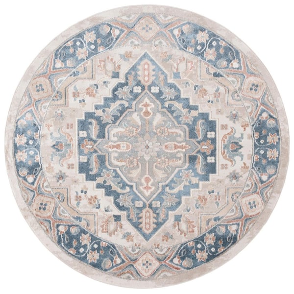 SAFAVIEH Blair Ivory/Blue 7 ft. x 7 ft. Machine Washable Aztec Medallion Round Area Rug