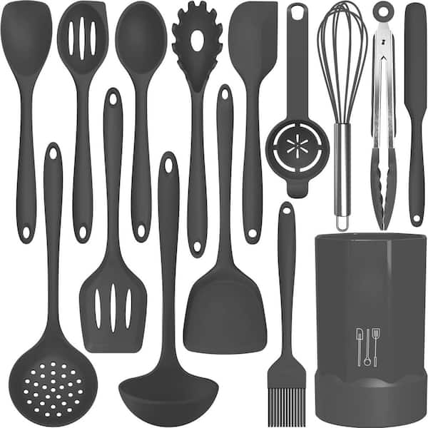 15-Piece Gray Silicone Cooking Utensils Set, 446°F Heat Resistant Kitchen Tools, Dishwasher Safe BPA-Free Set