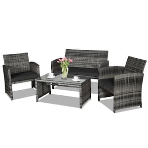 4-Pieces Rattan Patio Furniture Set with Glass Table and Black Cushioned Loveseat