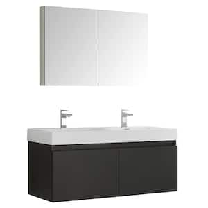 Mezzo 48 in. Vanity in Black with Acrylic Vanity Top in White with White Basins and Mirrored Medicine Cabinet