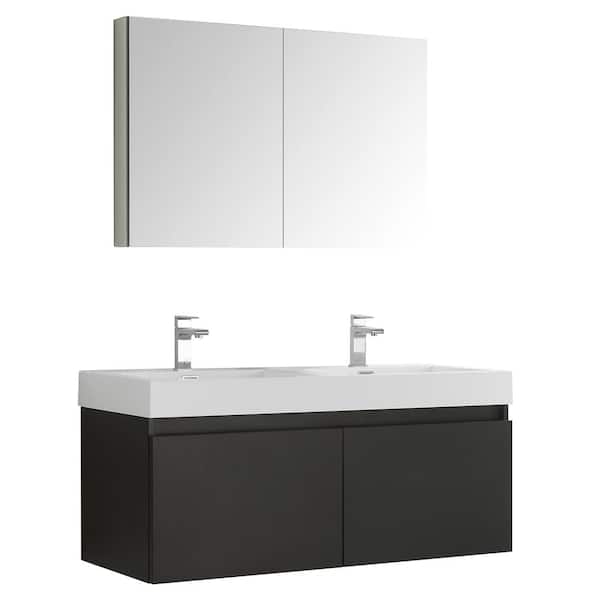 Fresca Mezzo 48 in. Vanity in Black with Acrylic Vanity Top in White with White Basins and Mirrored Medicine Cabinet