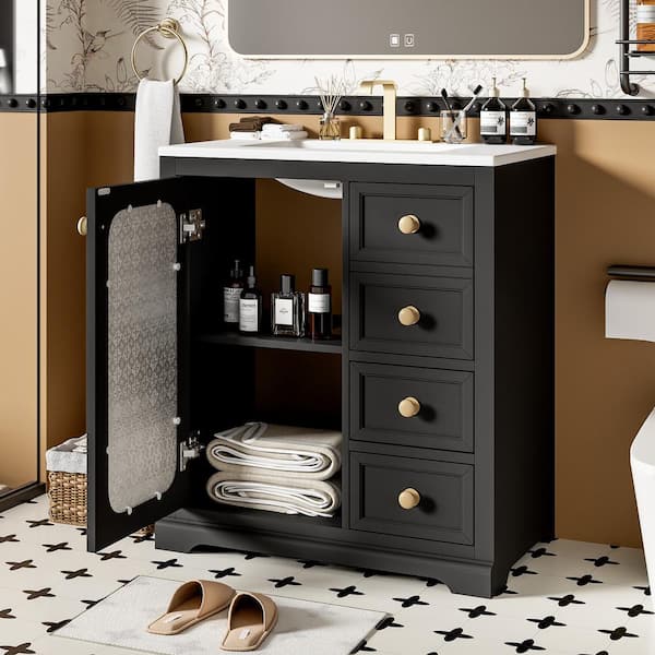 30 in. Freestanding Black Bath Vanity with White Ceramic Top and Soft Close Glass Door Unassembled