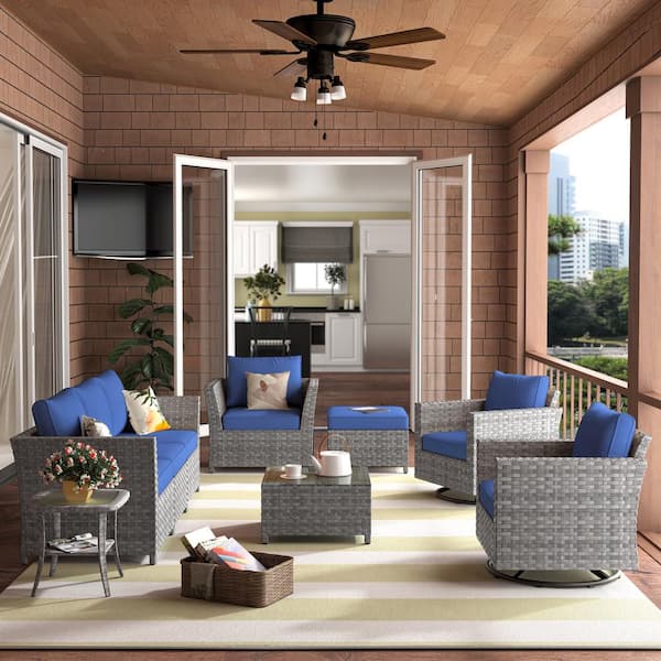 XIZZI Alfresco Allure 9-Piece Wicker Patio Conversation Sectional Sofa Set with Navy Blue Cushions and Swivel Rocking Chairs