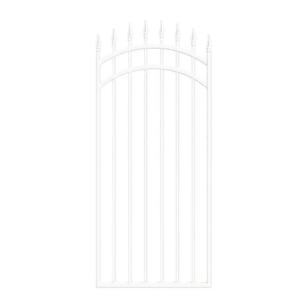 Glossy White Arched Tiger Eye Steel Gate (33 in. W x 68 in. H) with Self-Close Hardware, Double-Sided Handle, 2x2 Hinges