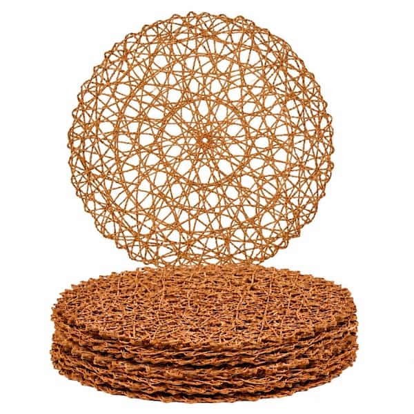 13 in. Round Brown Paper Braided Placemats, Woven Non-Slip Heat Resistant Table Mats for Dining, Set of 12