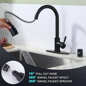 Single Handle Pull Down Sprayer Kitchen Faucet Stainless Steel with Deck Plate and Air Gap Kit in Matte Black