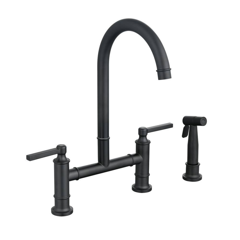 Double Handle Bridge Kitchen Faucet with Side Sprayer in Matte Black