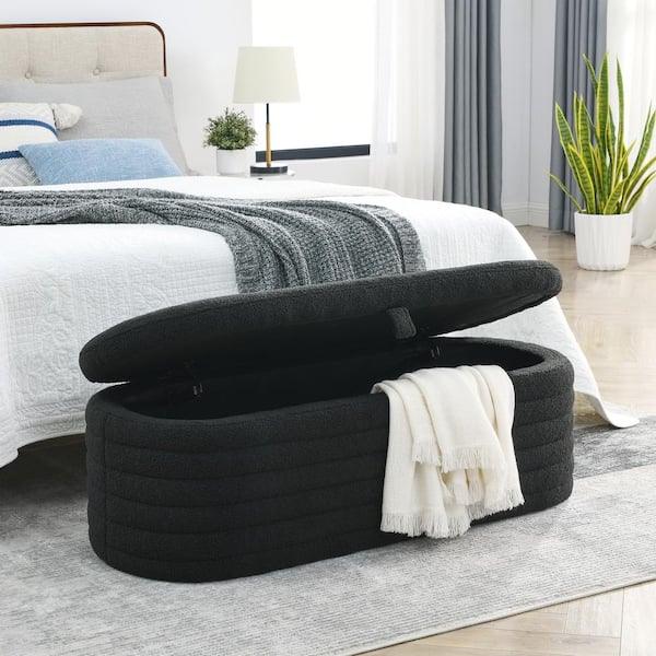 IDEAGLE Ottoman Black Teddy Upholstered Fabric Oval Storage Bench End of Bed Stool with Safety Hinge (45.5"W x 18.5"D x 16"H)