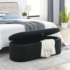 Ottoman Black Teddy Upholstered Fabric Oval Storage Bench End of Bed Stool with Safety Hinge (45.5"W x 18.5"D x 16"H)