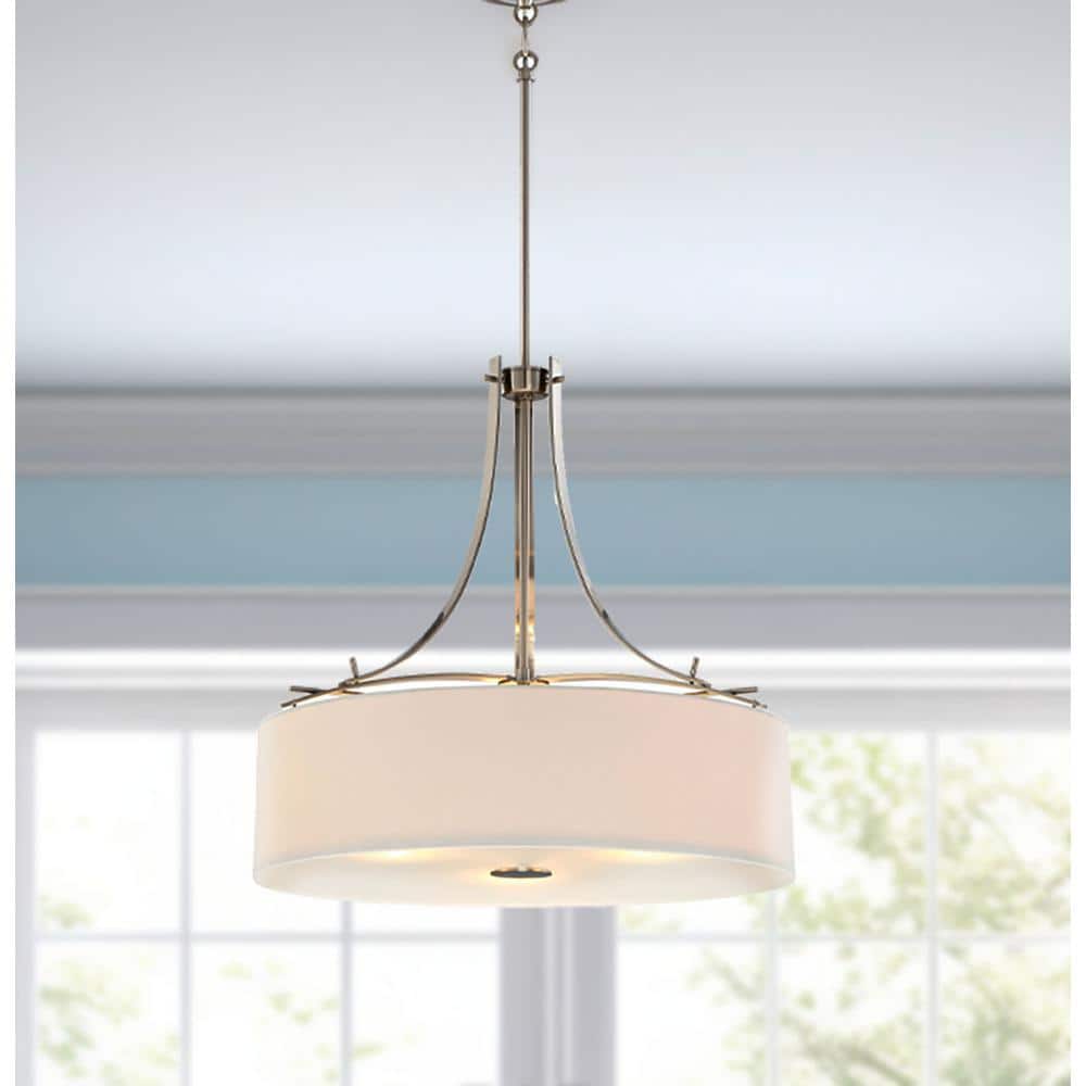 Brushed Nickel 3-Light Pendant with White Linen Drum Shade