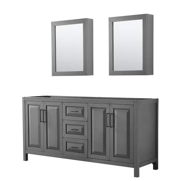 Wyndham Collection Daria 71 in. W x 21.5 in. D x 35 in. H Double Bath Vanity Cabinet without Top in Dark Gray with Med Cab Mirrors