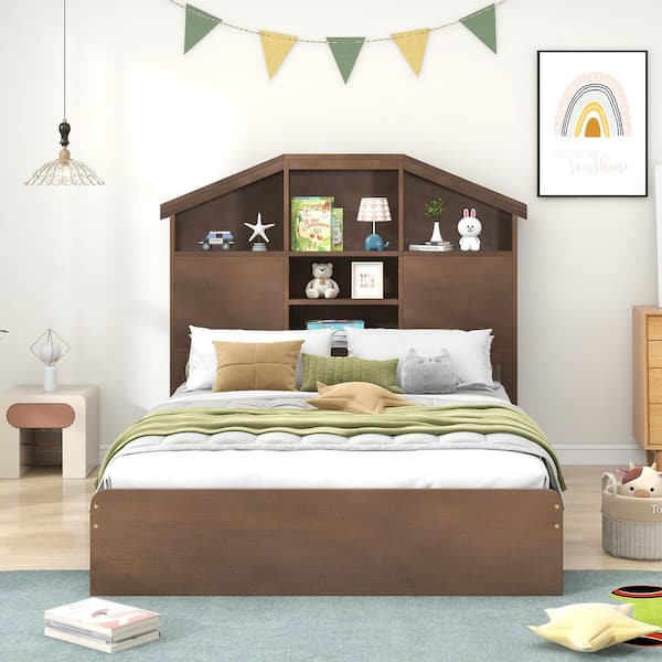 Harper & Bright Designs Walnut (Brown) Wood Frame Full Size Platform Bed with 2-Under-Bed Drawers, House-Shaped Headboard with Shelves
