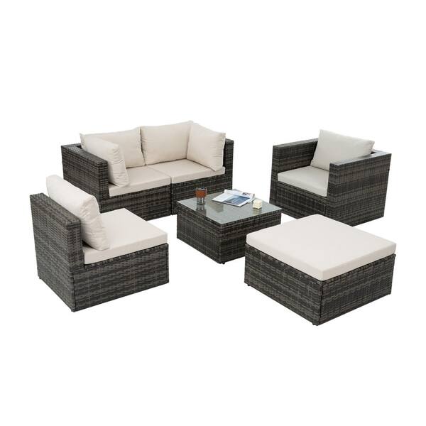 6 Pieces PE Wicker Outdoor Conversation Set Sectional with Tempered Glass Coffee Table and Beige Cushions