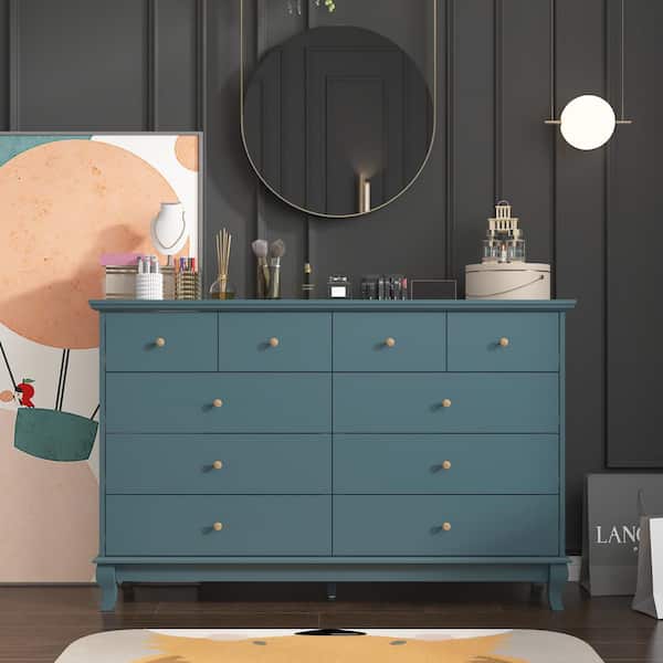 FUFU&GAGA Blue Paint Finish 10-Drawer 55.1 in. W Double Dresser Accent Storage Cabinet Organizer 35.4 in. H x 15.7 in. D